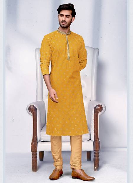 Yellow Vog New Exclusive Fancy Festive Wear Cotton Embroidery Kurta Pajama Mens Collection VOG-KP-9